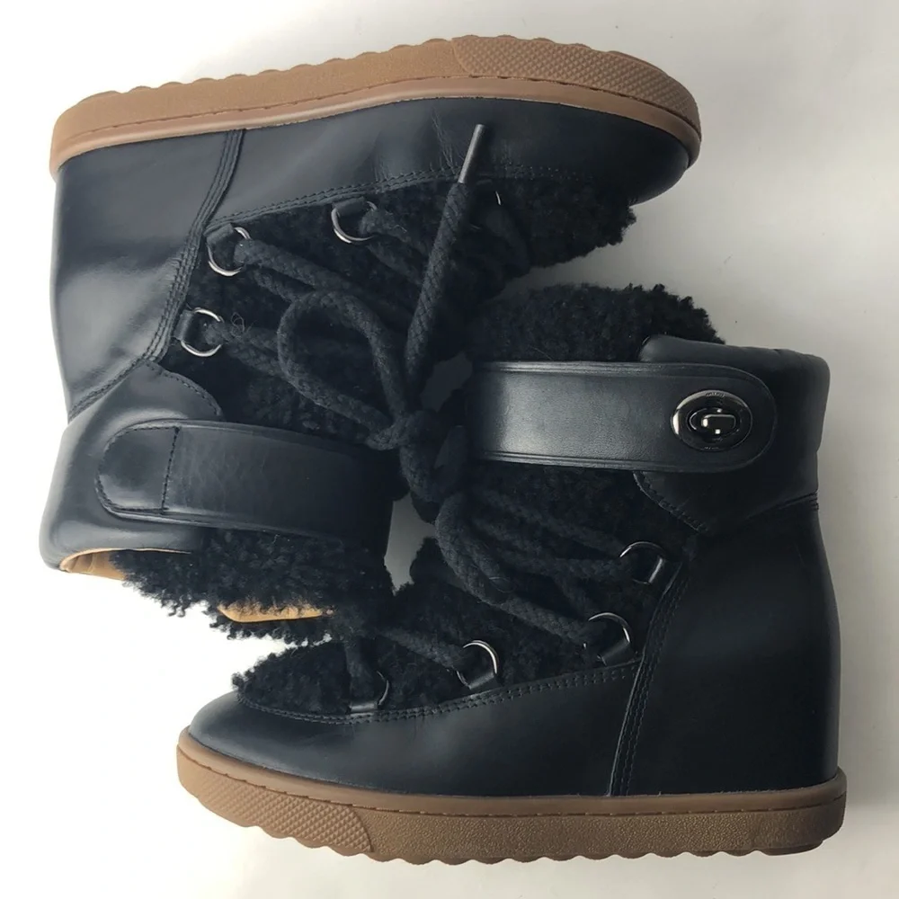 Coach Monroe Black Leather Shearling Ankle Wedge Boots 6